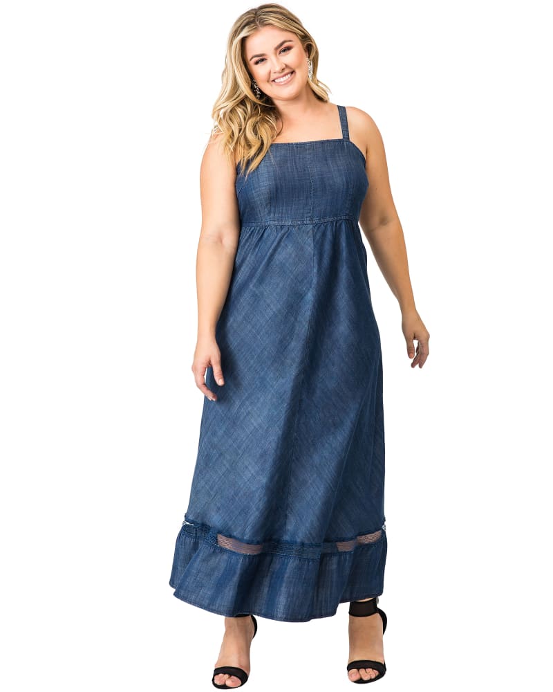Front of a model wearing a size 14 Peggy Denim Maxi Dress in DKSTONE by Standards & Practices. | dia_product_style_image_id:276127